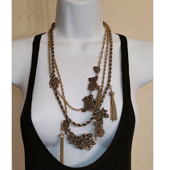Ann Taylor Antique Gold Tone Triple Layer Big Statement Chain Necklace Layered - Picture 3 of 8